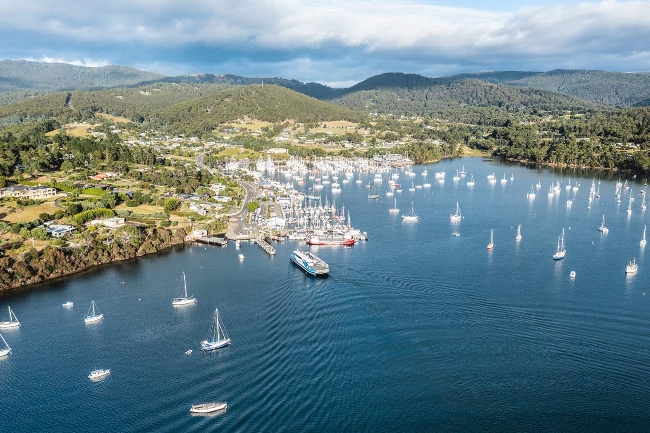 Aerial view of of the Sealink ferry docking at Kettering, Tasmania