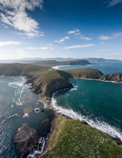 Ariel view of South Bruny National Park and Cape Bruny Lighthouse